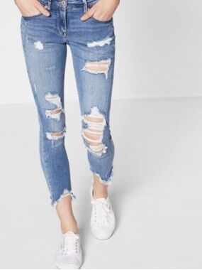 EXPRESS Distressed Ultimate Stretch Light Blue Ankle Skinny Jeans